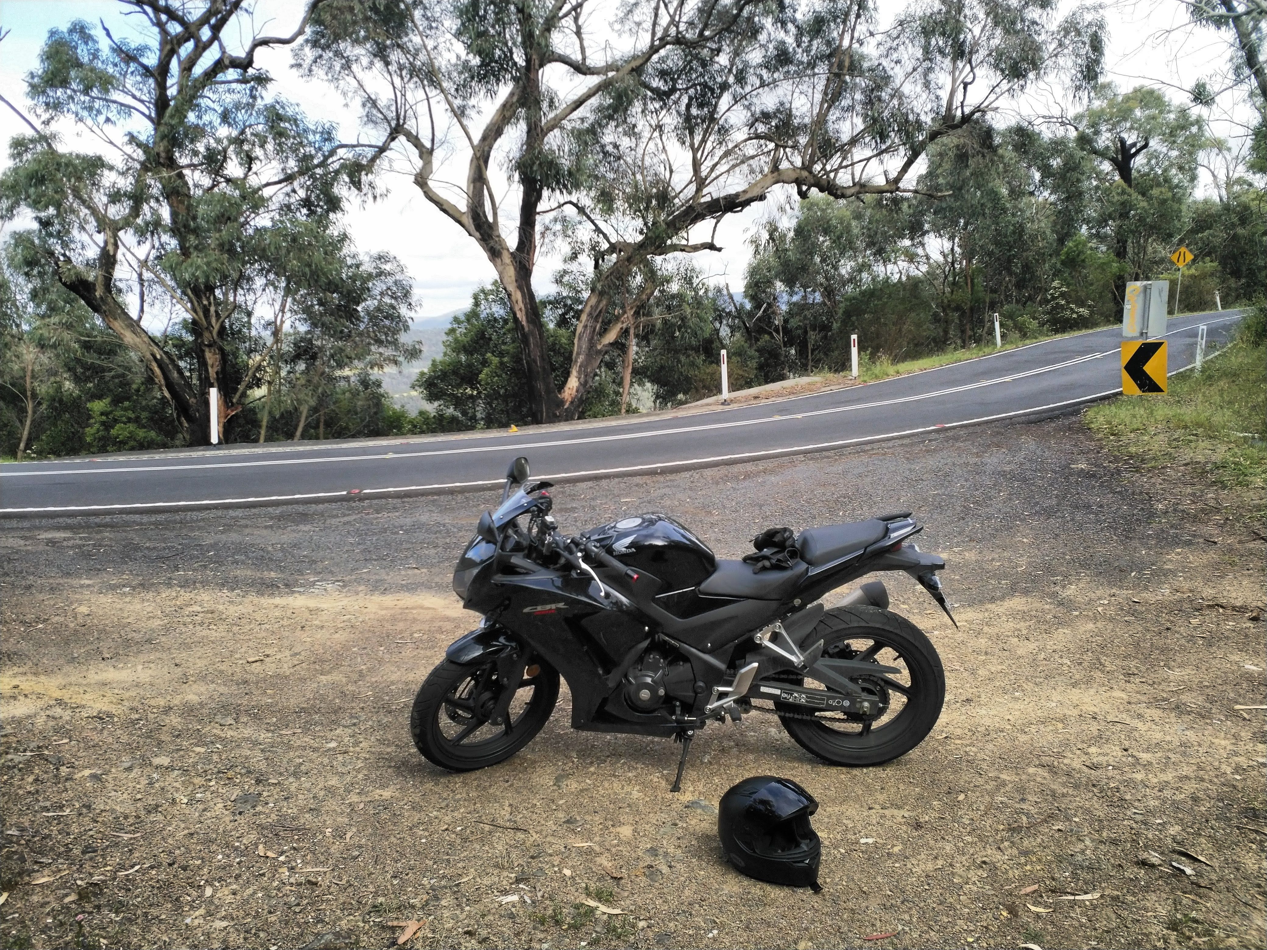 My CBR300R, parked up on a Victorian road. I'm pretty sure it's the 'Goat Track', a rather twisty road that leads up to Kinglake
