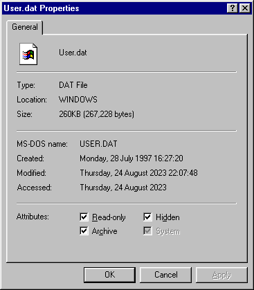 Screenshot showing the created date of one of the registry files as 